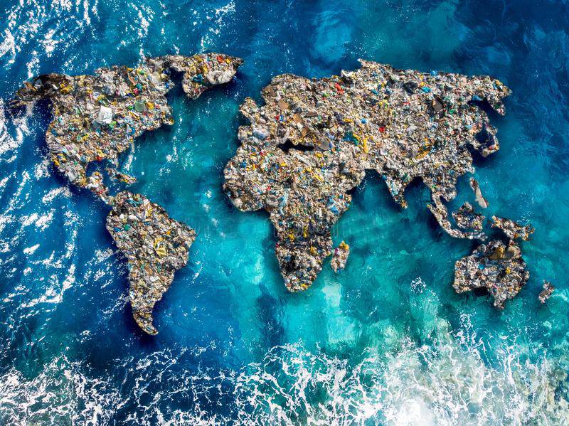 map of the world made of water and plastic waste
