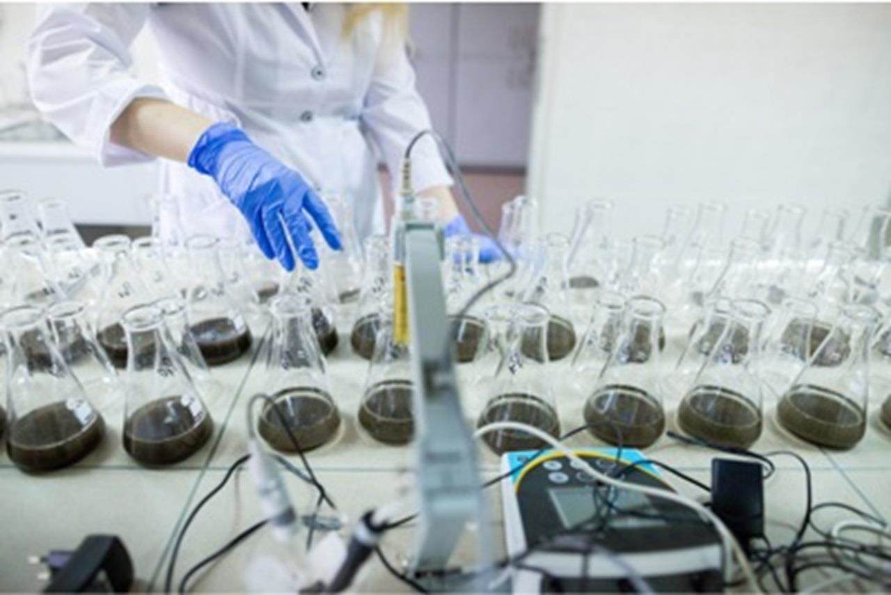 A gloved hand above vials of liquid in a lab