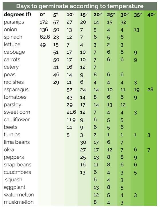 Graphique illustrant le nombre de jours nécessaires à la germination des cultures à différentes températures