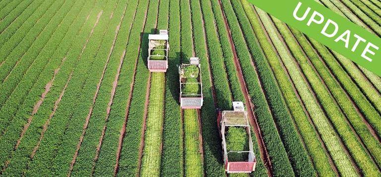 Máquinas agrícolas no campo na capa da cartilha da Incotec sobre os ODSs da ONU