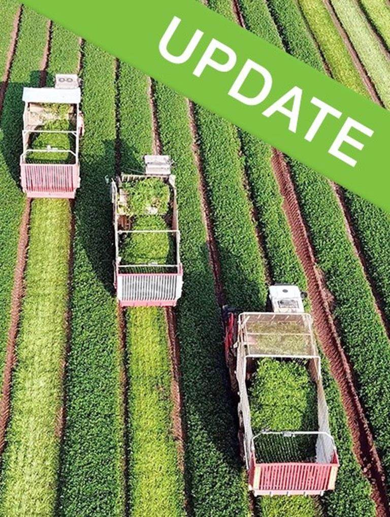 Machines agricoles récoltant un champ sur la couverture de la brochure d'Incotec sur les ODD de l'ONU