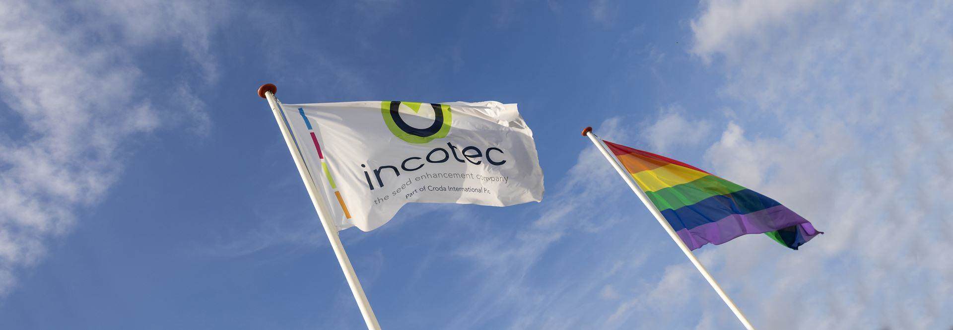 Incotec vlag wapperend naast regenboogvlag